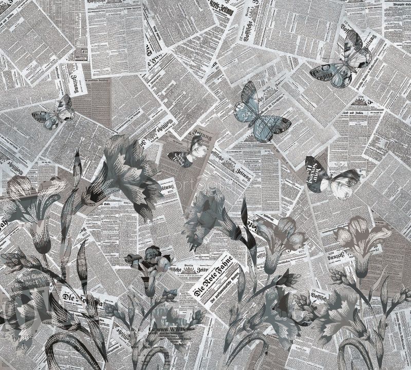 Фреска Черно-белые газеты и цветы с бабочками Art.30147