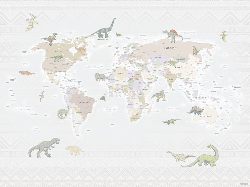 Фреска Карта мира динозавры Art.34387
