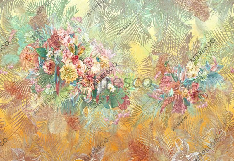 Фреска Цветы и попугаи, арт. ID137724