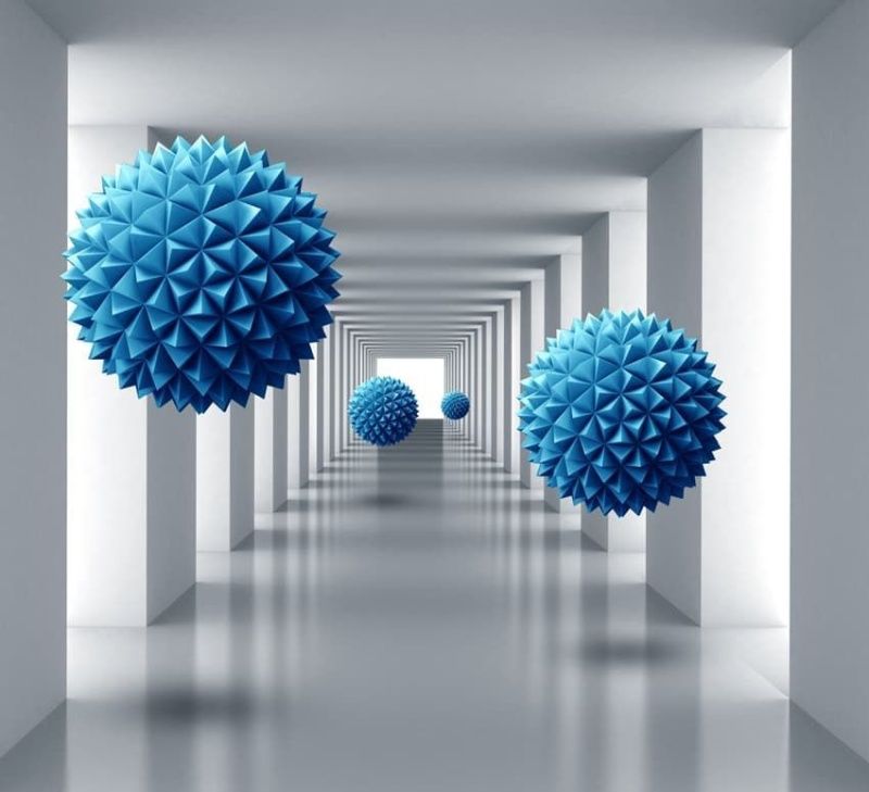 Фреска 3Д с голубыми шарами в сером коридоре