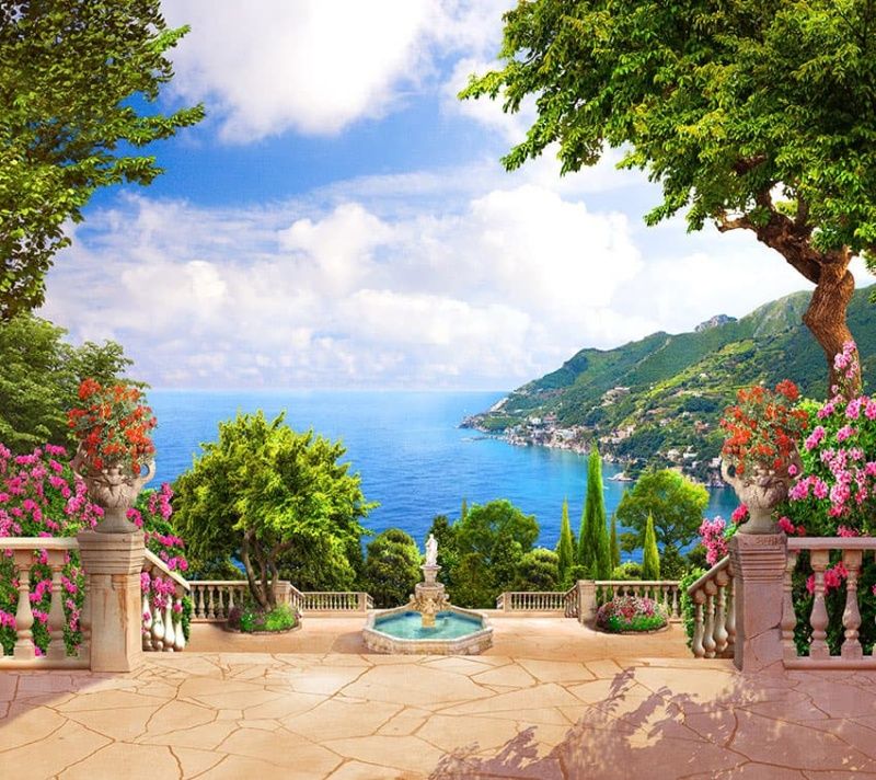 Фреска Лестница вниз к фонтану и виду на залив