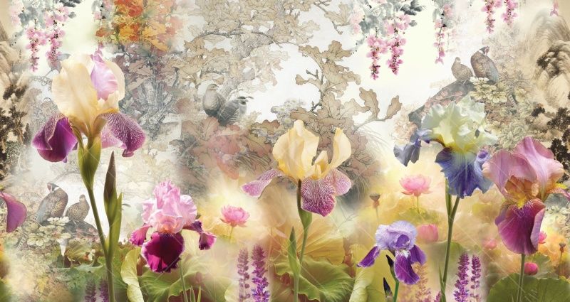 Фреска Панно ирисы с растительным орнаментом и птицами