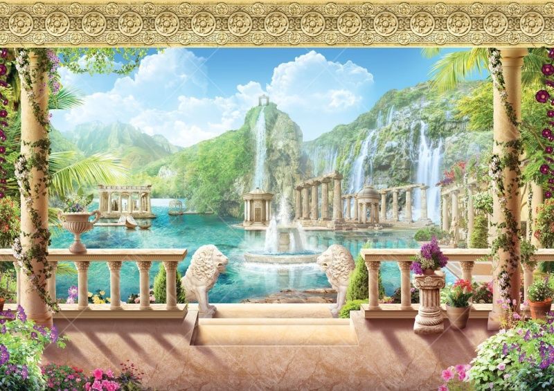 Фреска Веранда со львами, фонтан, водопад и развалины в заливе