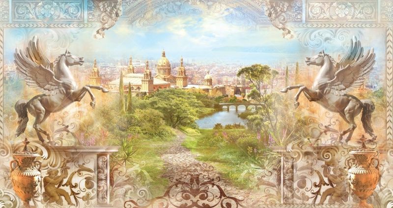 Фреска Пегасы и орнамент на фоне пейзажа