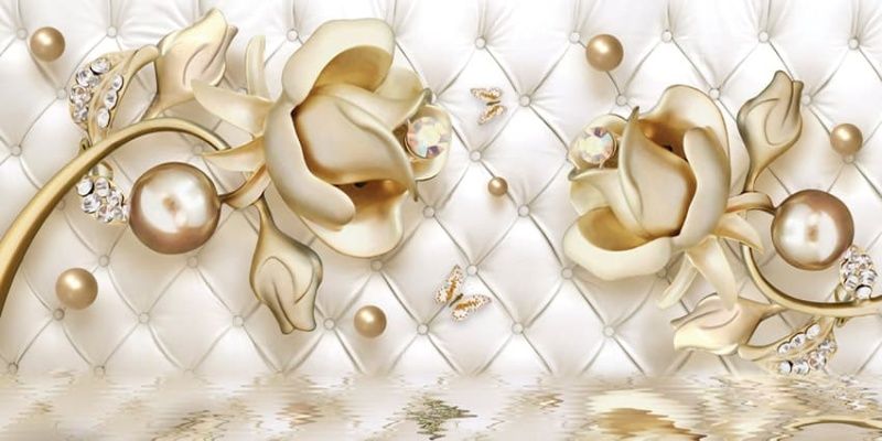 Фреска 3Д розы и золотой жемчуг