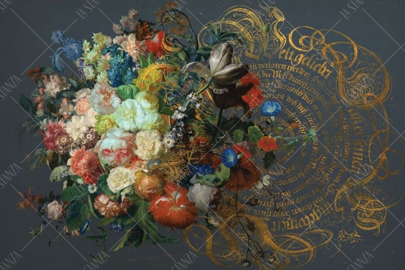 Фреска Пышный букет цветов на сером фоне