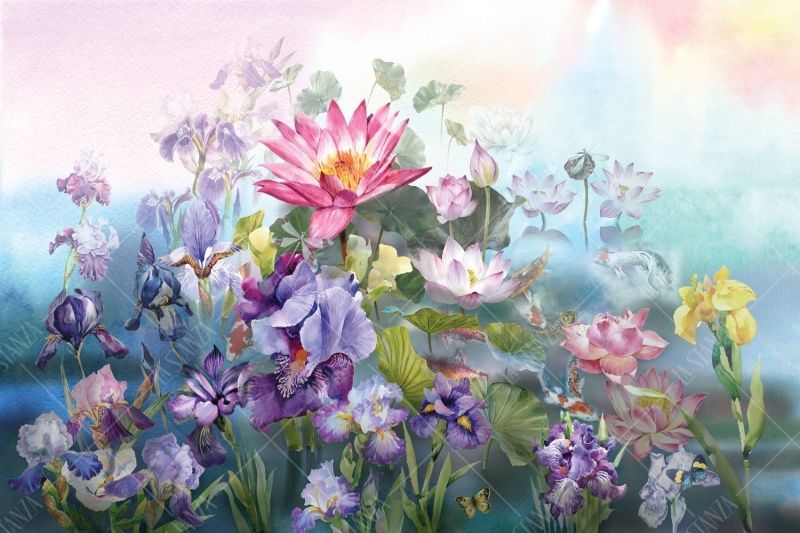 Фреска Водяные лилии и ирисы – желтые и фиолетовые