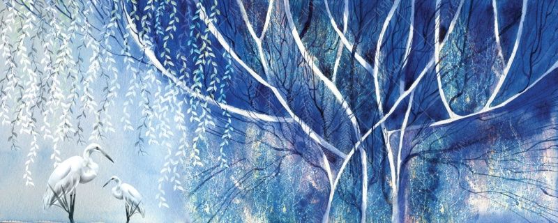 Фреска Синее панно цапли под деревом