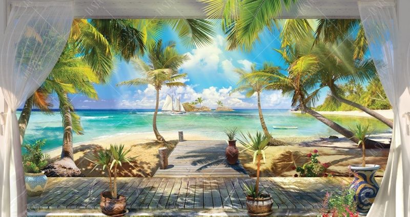 Фреска Панно море, шторы, пальмы, пляж