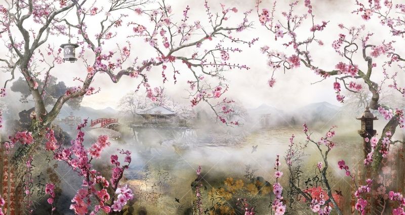 Фреска Ветки дерева сакуры на фоне японского сада