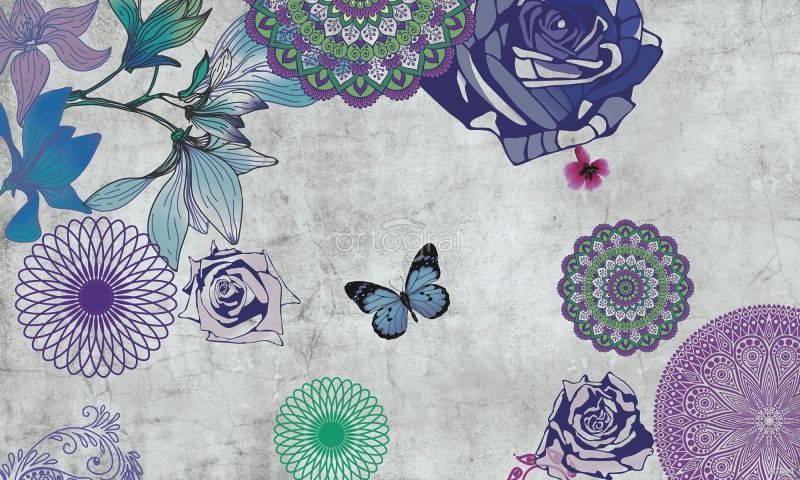 Фреска Цветы и бабочки на бетонном фоне Art.30264