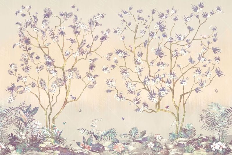 Фреска Бежевое панно деревья в цвету и птицы, стиль Шинуазри