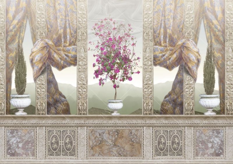 Фреска Вид на горы с веранды сквозь шторы и вазоны