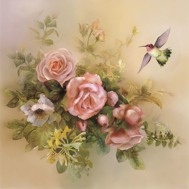 Фреска Цветы и колибри Art.30990