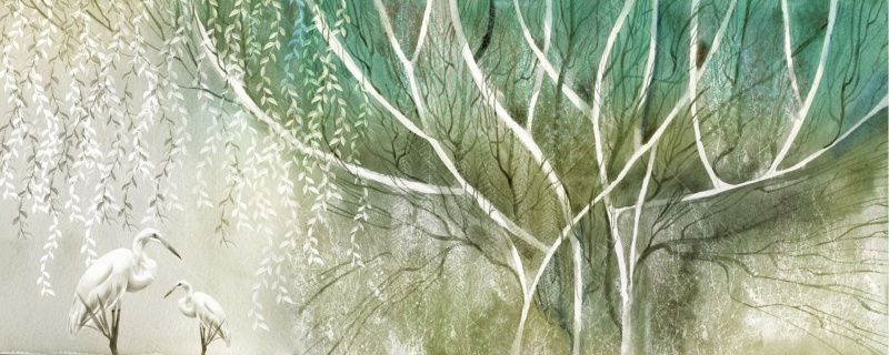 Фреска Панно Цапли под деревом в зеленом цвете