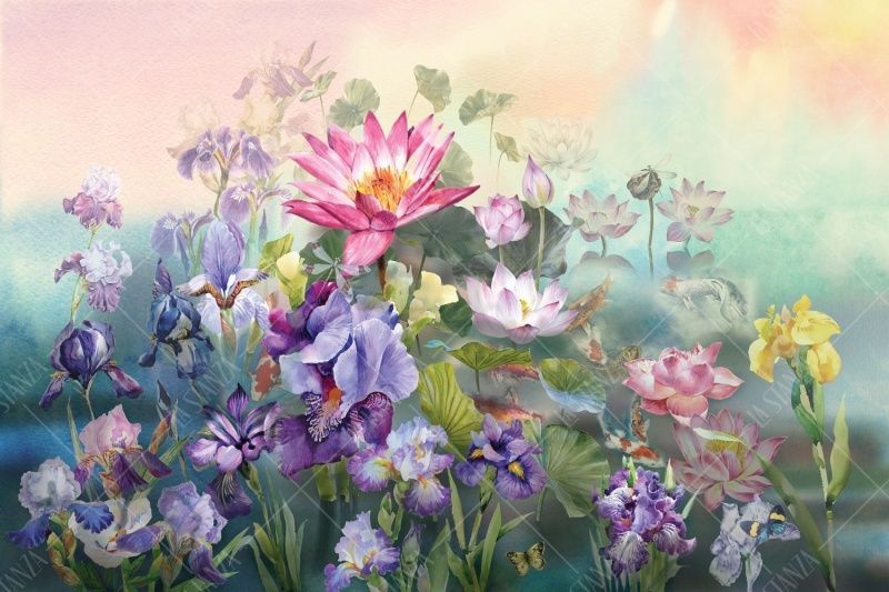 Фреска Букет из ирисов, кувшинок и водяных лилий на ярком фоне